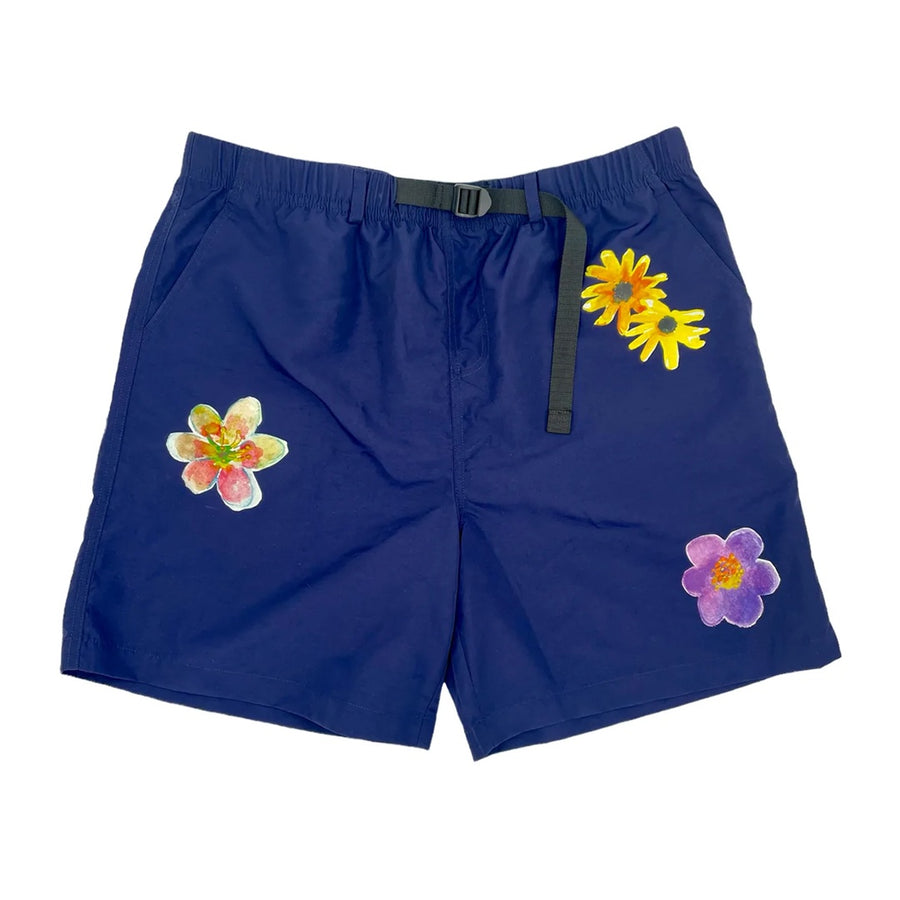 Belted Nylon Flower Shorts - Navy