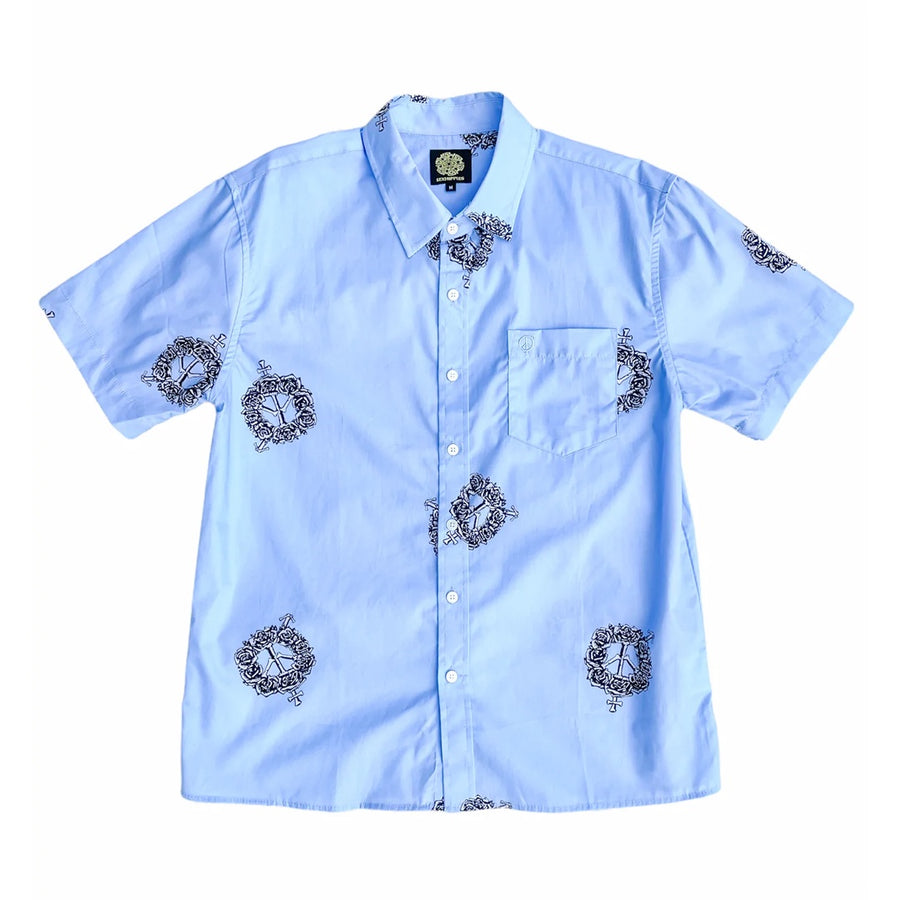 Rose Bone Short Sleeve Button Up Shirt - Baby Blue